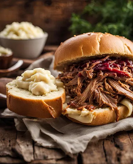 Pulled pork garlic & rosemary mashed potato sandwiches