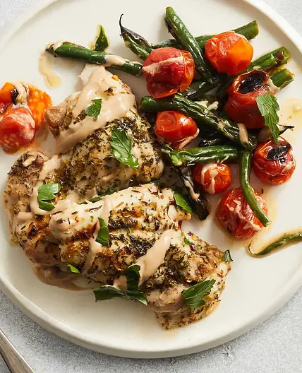 Sheet-Pan Chicken and Tomatoes With Balsamic Tahini