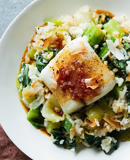 Apricot-Glazed Cod with Coconut Risotto and Bok Choy