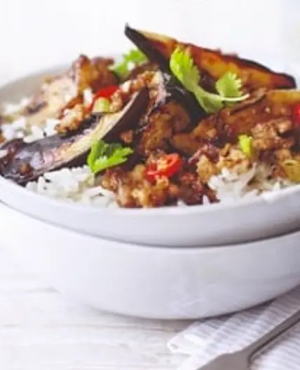 Sticky aubergine and pork on rice Waitrose