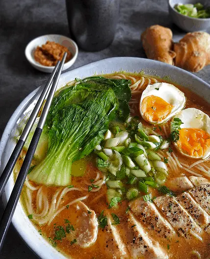 Miso Ramen Noodle Soup with Vegetables and Chicken