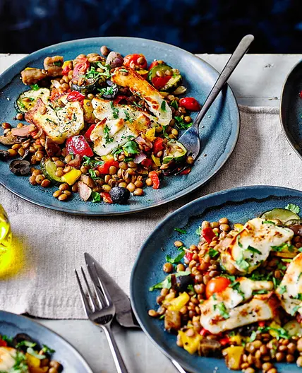 Halloumi and lentil tray bake