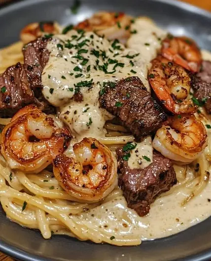 Cajun Shrimp and Steak Alfredo Pasta