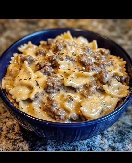 Creamy beef and bowtie pasta