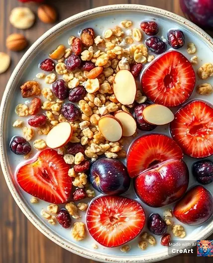 Muesli with strawberries and plums