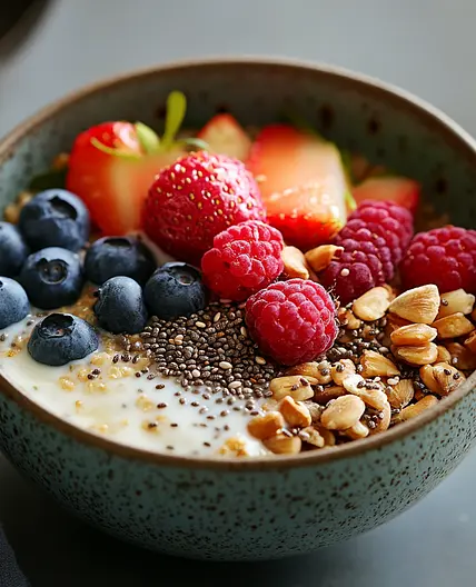 Quinoa–Oatmeal Breakfast Bowl with Chia and Sunflower Seed Crunch