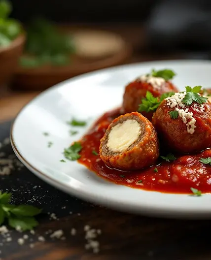 Healthier Mozzarella Stuffed Meatballs with Homemade Marinara