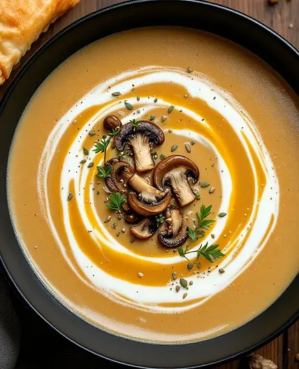 Triple Cheese Protein Soup with Smoky Mushroom Strudel