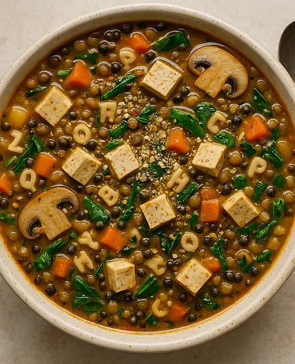 Watery Lentil Alphabet Soup with Tofu, Seeds, Mushrooms & Miso