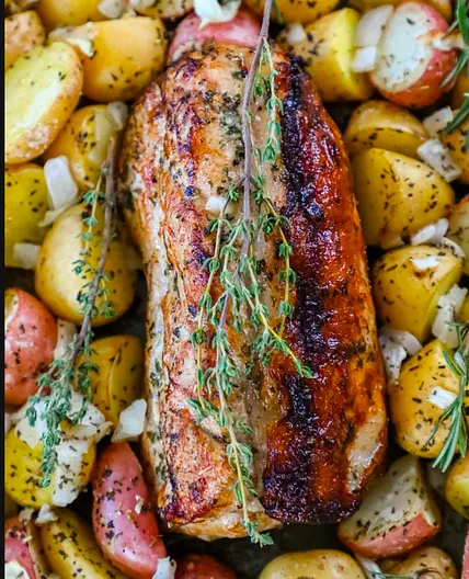 Garlic Herb Butter Baked Pork Loin and Potatoes