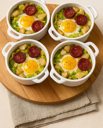 Œufs cocotte aux poireaux, chorizo et topinambours