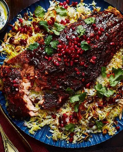 Date & pomegranate salmon with jewelled rice