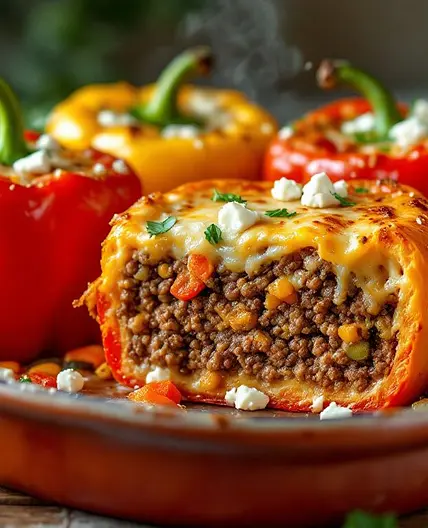 Mediterranean Minced Beef & Cheese Stuffed Bell Peppers
