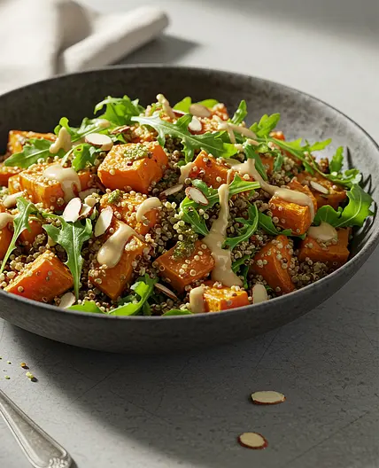 Roasted Sweet Potato, Quinoa & Arugula Salad with Maple-Tahini Dressing