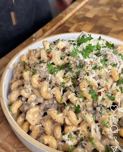 High protein creamy garlic beef pasta