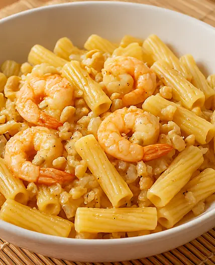 Tortiglioni con gambas, ajo y toque crujiente de anacardos