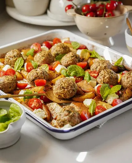 Sheet Pan Greek Meatballs & Lemon Potatoes and Green Beans