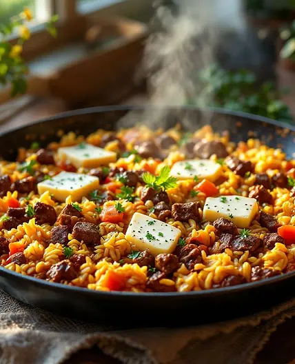 Mediterranean Beef & Pork Paella with Three Cheeses