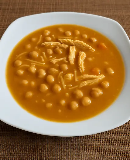 Caldo casero de pollo con verduras y garbanzos