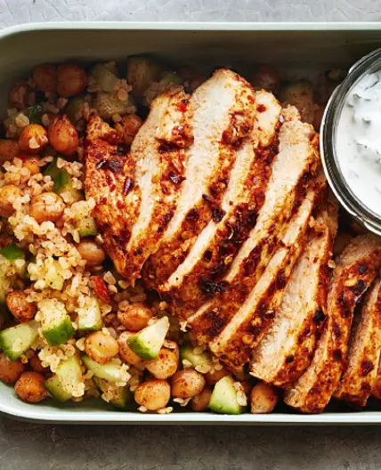 Harissa chicken and chickpeas with bulgur