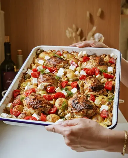 Greek Chicken Thighs + Butter Bean Sheet Pan Meal