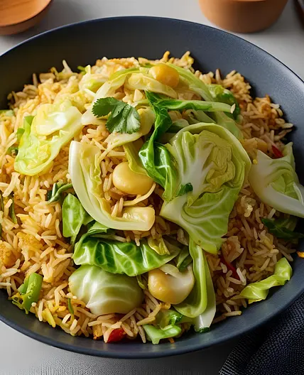 Repollo al ajillo con arroz frito