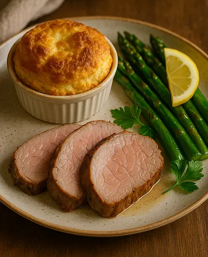 Soufflé au fromage, rôti de veau et poêlée d’asperges