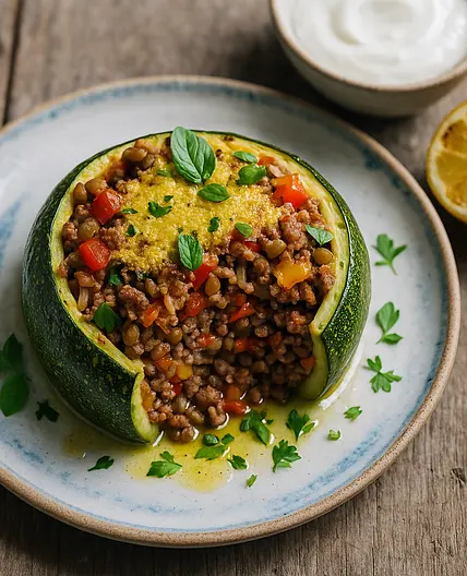 Mediterranean Spiced Stuffed Marrows with Garlic-Lime Cheese Topping