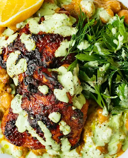 Honey-Dijon Roast Chicken with Leek-y Parmesan Chickpeas