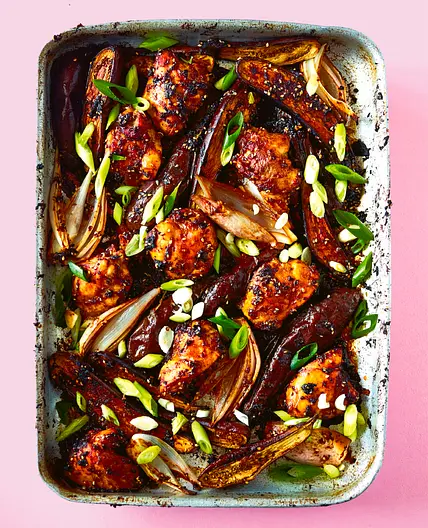 Miso Chicken With Aubergines, Spring Onions & Chilli (One Roasting Tin)