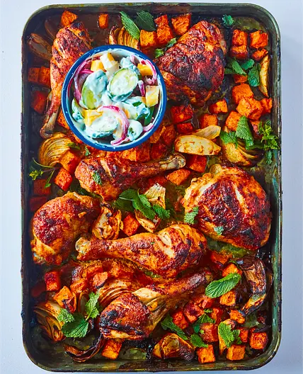 Tandoori Chicken with Roasted Sweet Potato and Mint (One Roasting Tin)