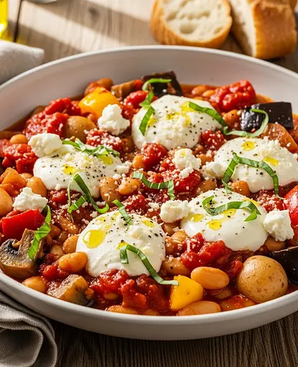 Mediterranean Tomato and White Bean Stew with Melted Cheese