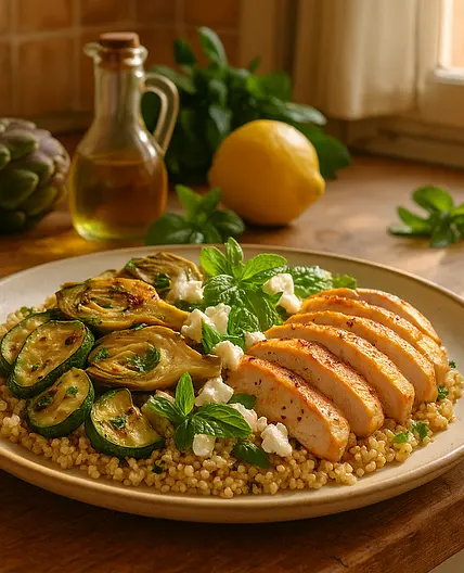 Salade artichauts, quinoa et poulet