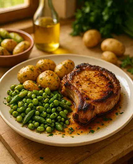 Porc, pomme de terre grenailles et légumes verts grillés