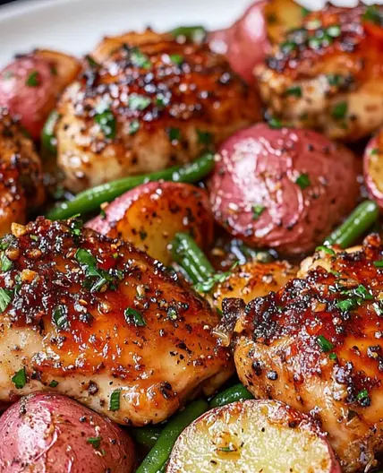 One Pan Honey Garlic Chicken With Red Potatoes and Green Beans