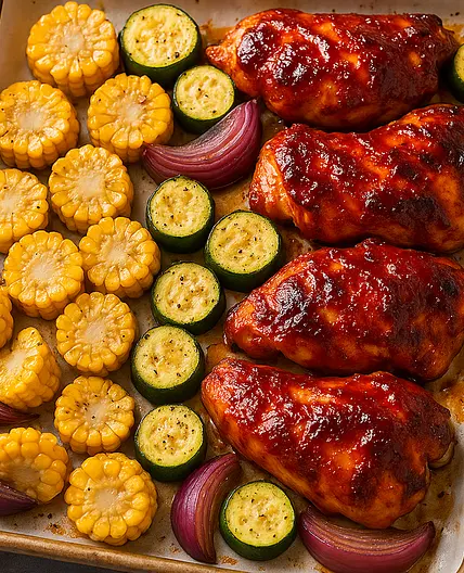 Sheet Pan BBQ Chicken Thighs with Corn and Zucchini