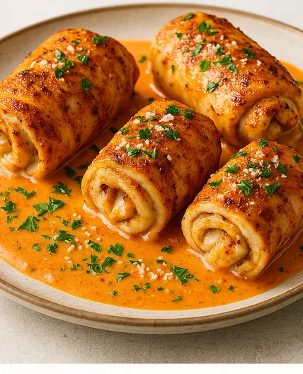 Cheesy Cajun Chicken Rollups with Roasted Red Pepper Cream Sauce