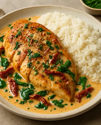 Poulet crémeux tomates séchées & épinards x2 🍗 📊 700 kcal | 43P • 57G • 39L • 5F