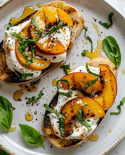 Grilled Peach & Burrata Crostini with Hot Honey