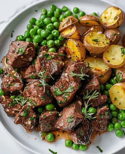 Rosemary Garlic Beef Tips with Lemon Butter Peas & Potatoes