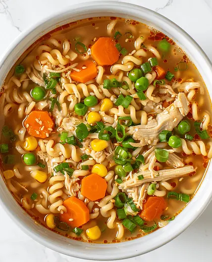 Chicken Miso “Cup Noodles” with Carrots, Peas & Corn
