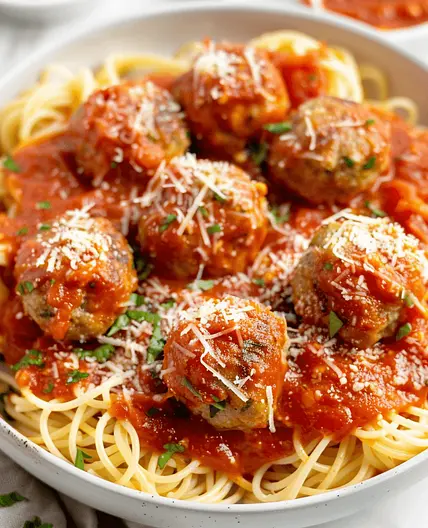 Angel Hair with Garlicky Red Sauce & Crispy Pan-Fried Meatballs