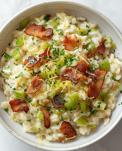 Crispy Bacon and Leek Risotto with Parmesan and Lemon Zest