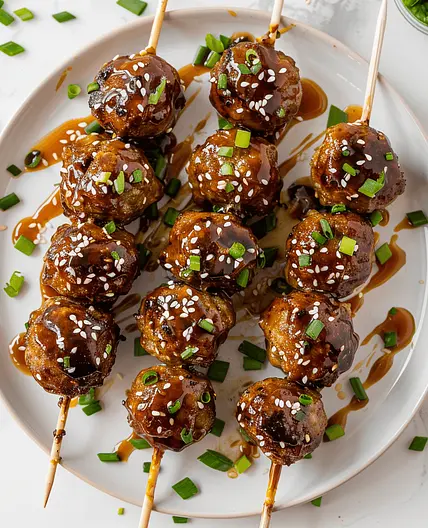 Gourmet Teriyaki Glazed Meatball Skewers with Sesame Seeds