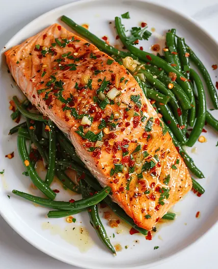 Baked Herb-Roasted Salmon with Garlic Green Beans