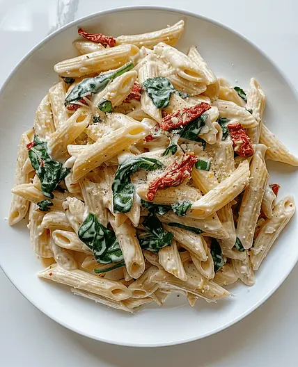 Creamy Garlic Parmesan Pasta with Spinach and Sun-Dried Tomatoes
