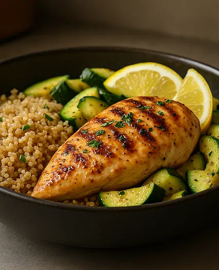 Filet de poulet mariné, quinoa et courgettes sautées
