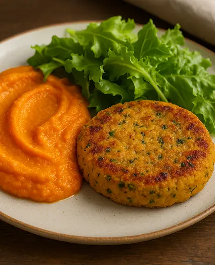 Galette de pois chiches, purée de carottes et salade verte