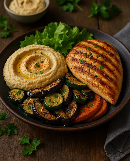 Poulet grillé, houmous maison et légumes rôtis