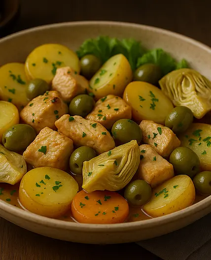 Escalope de dinde aux olives, artichauts et pommes de terre